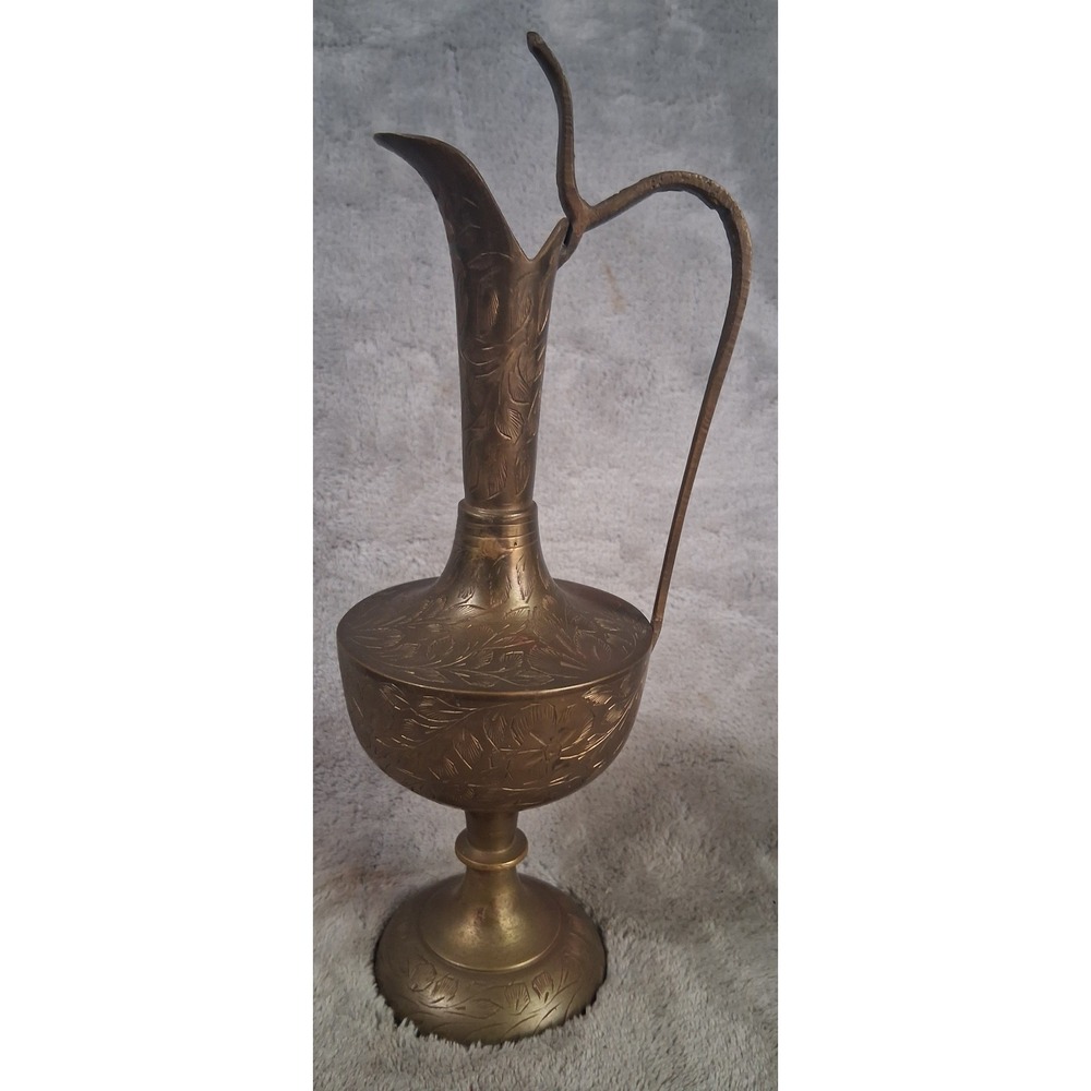 Vtg Etched Brass Pitcher Ewer Floral Hand Crafted India Aftaba Moorish Styl 9.5"